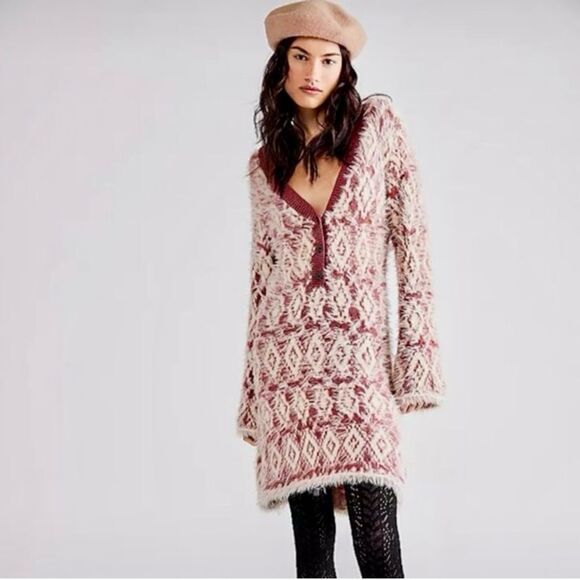 NEW Free People Fuzzy Feelings Dress Knit Mohair Style Cream Mulberry Red Size M - Picture 1 of 16